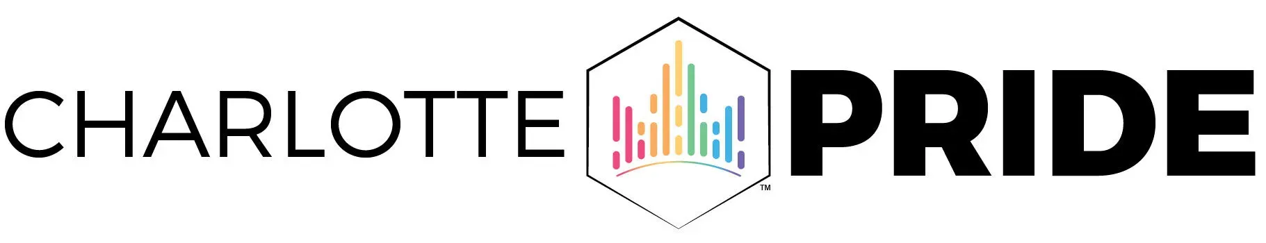 A logo for charlotte pride with a rainbow in the middle.