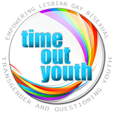A logo for time out youth empowers lesbian gay bisexual transgender and questioning youth