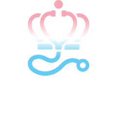 A pink and blue stethoscope with a crown on top of it.