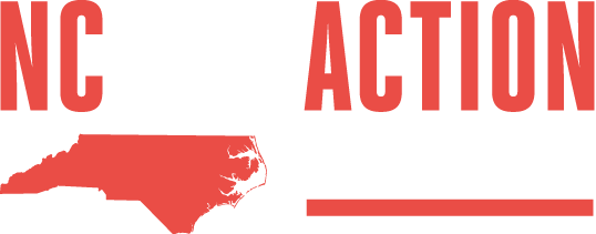 The logo for nc action has a map of north carolina on it.