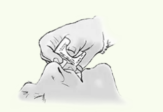 A black and white drawing of a person holding something in their mouth.