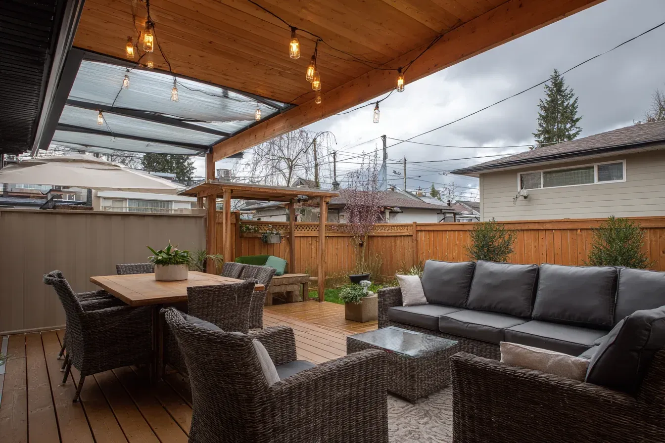 Large Deck Construction Richmond for big backyards with multi-zone layouts — lounge, dining, grill station, pergola, hot tub recess.
Modern Slim-Profile Deck Builders Richmond with sleek black rails, linear composites, hidden fasteners, minimalistic look.
Rustic Wood Deck Builder Richmond using cedar beams, post-and-beam pergolas, natural tones, heritage appearance.
PVC Deck Installation Richmond using high-heat resistant, fade-proof, stain-proof decking materials ideal for open sun areas.
Deck Coatings Richmond applying waterproof sealants, top membranes, UV protectant layers for long-term durability.