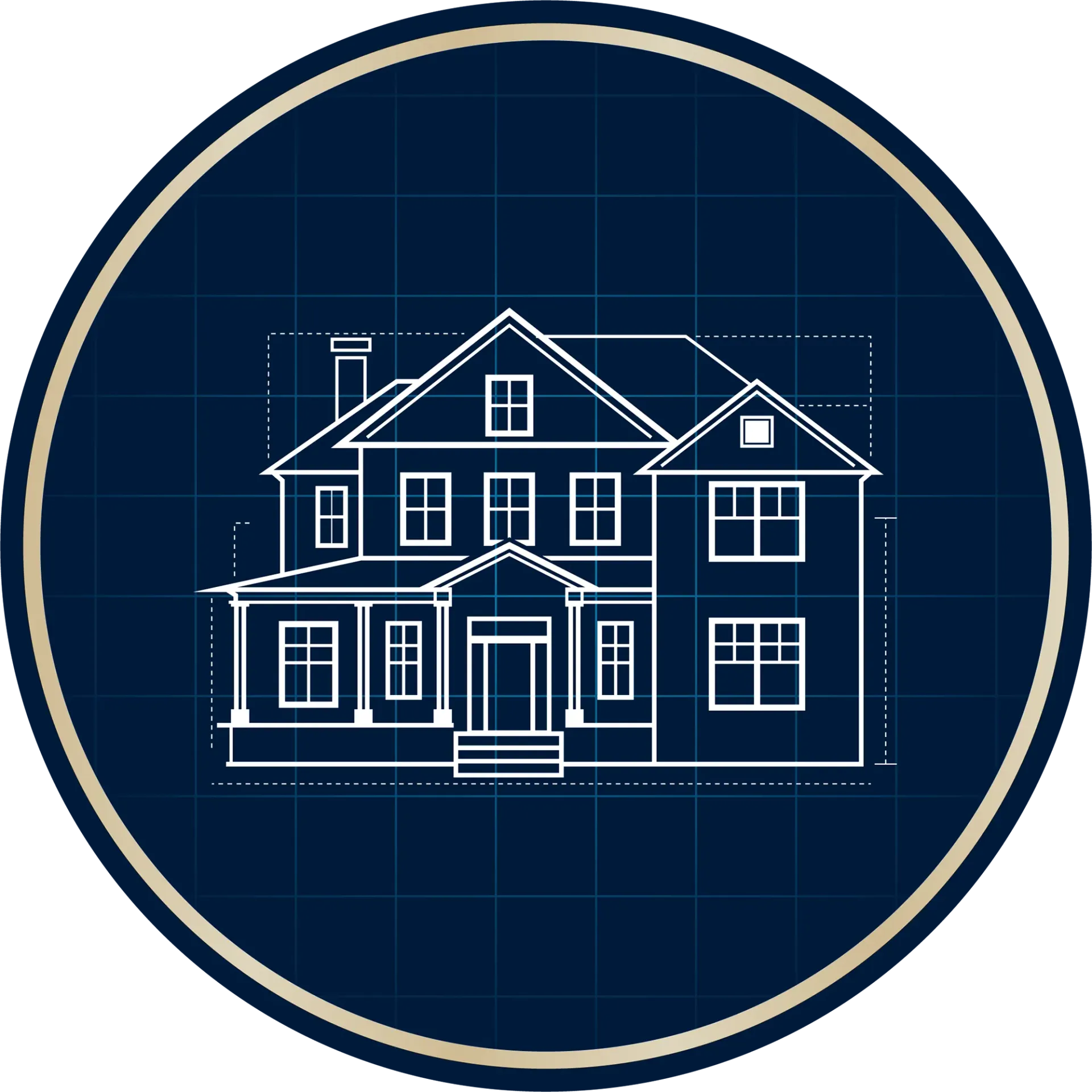 Blueprint-style house illustration in white on a dark blue circular background