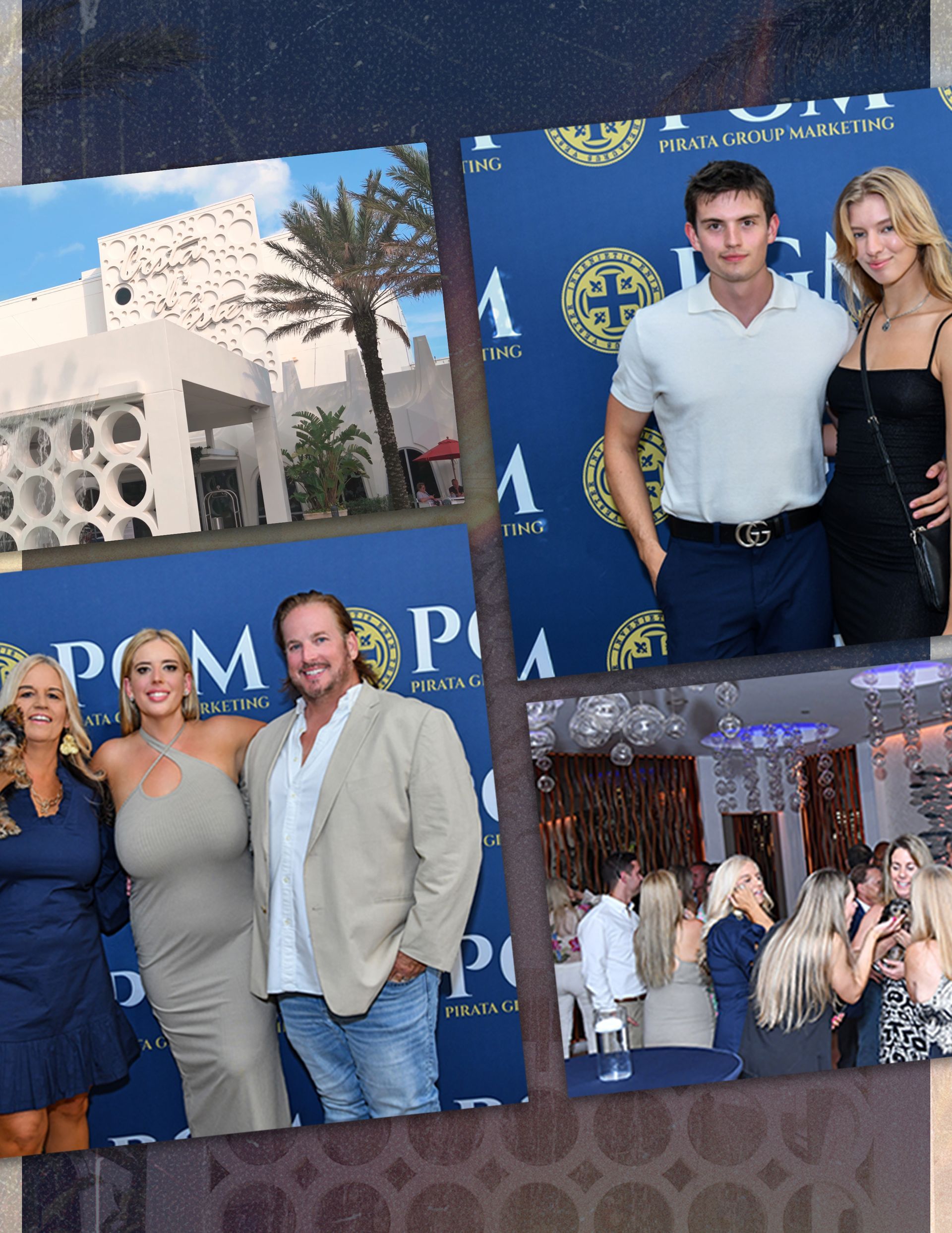 A collage of photos showing people at a formal event, including group portraits, a couple, and a crowd in a banquet hall.