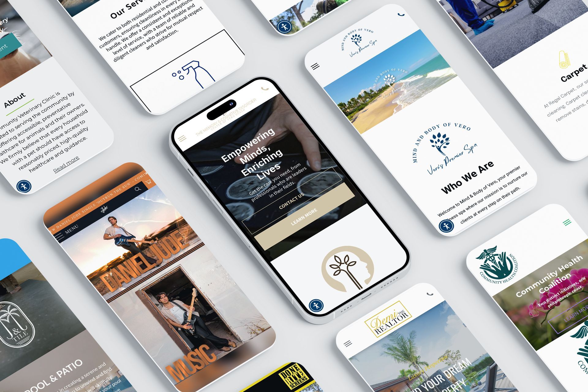 Smartphones displaying various website pages, featuring text, photos, and a logo of a tree within a circle. Produced by PGM