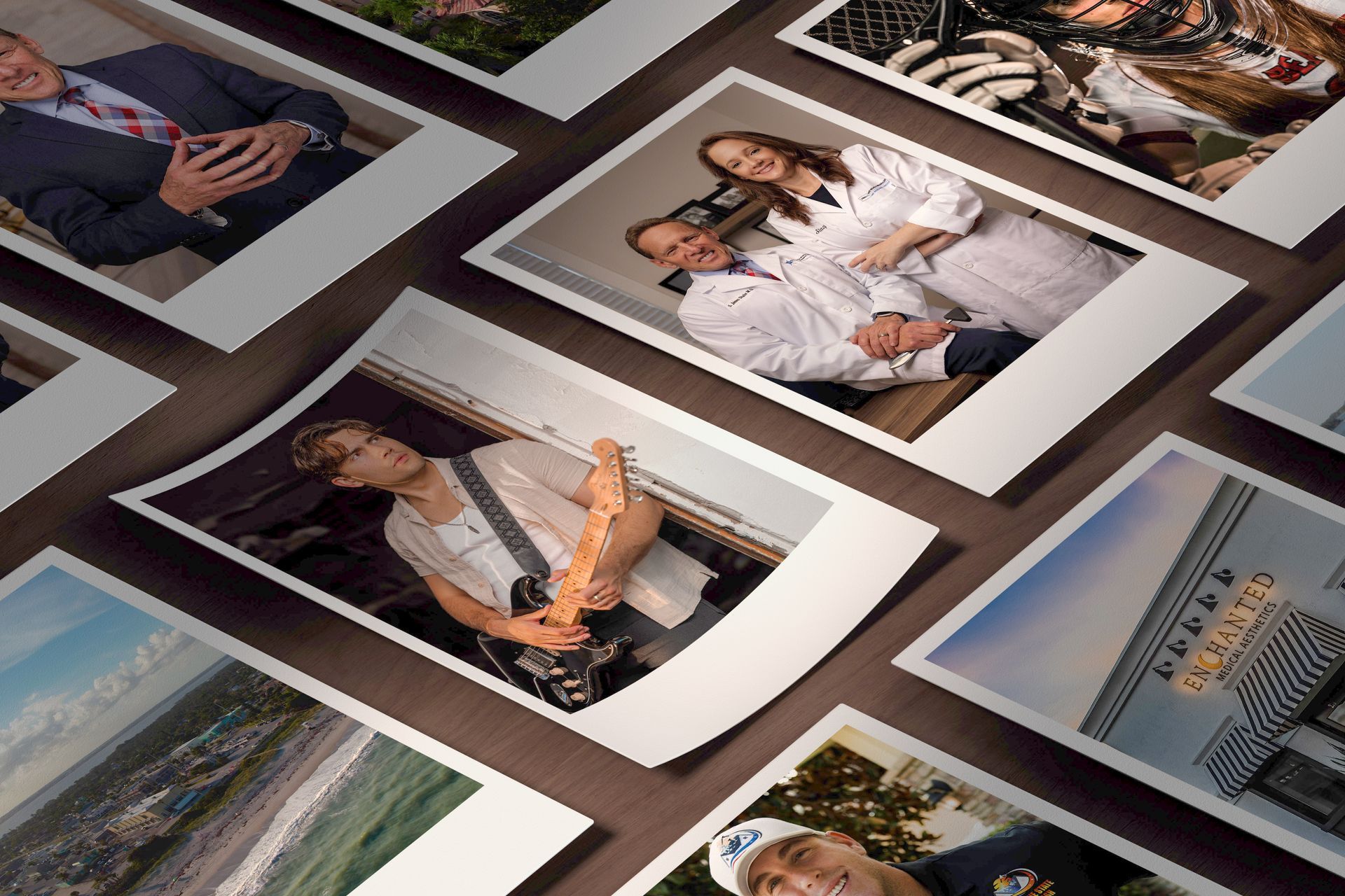 Scattered photos: man playing guitar, people in white coats, person in suit, beach scene, other photos by PGM