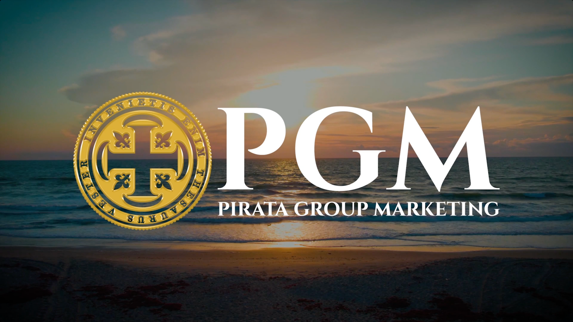 PGM logo with gold emblem and white text over a sunset seascape background