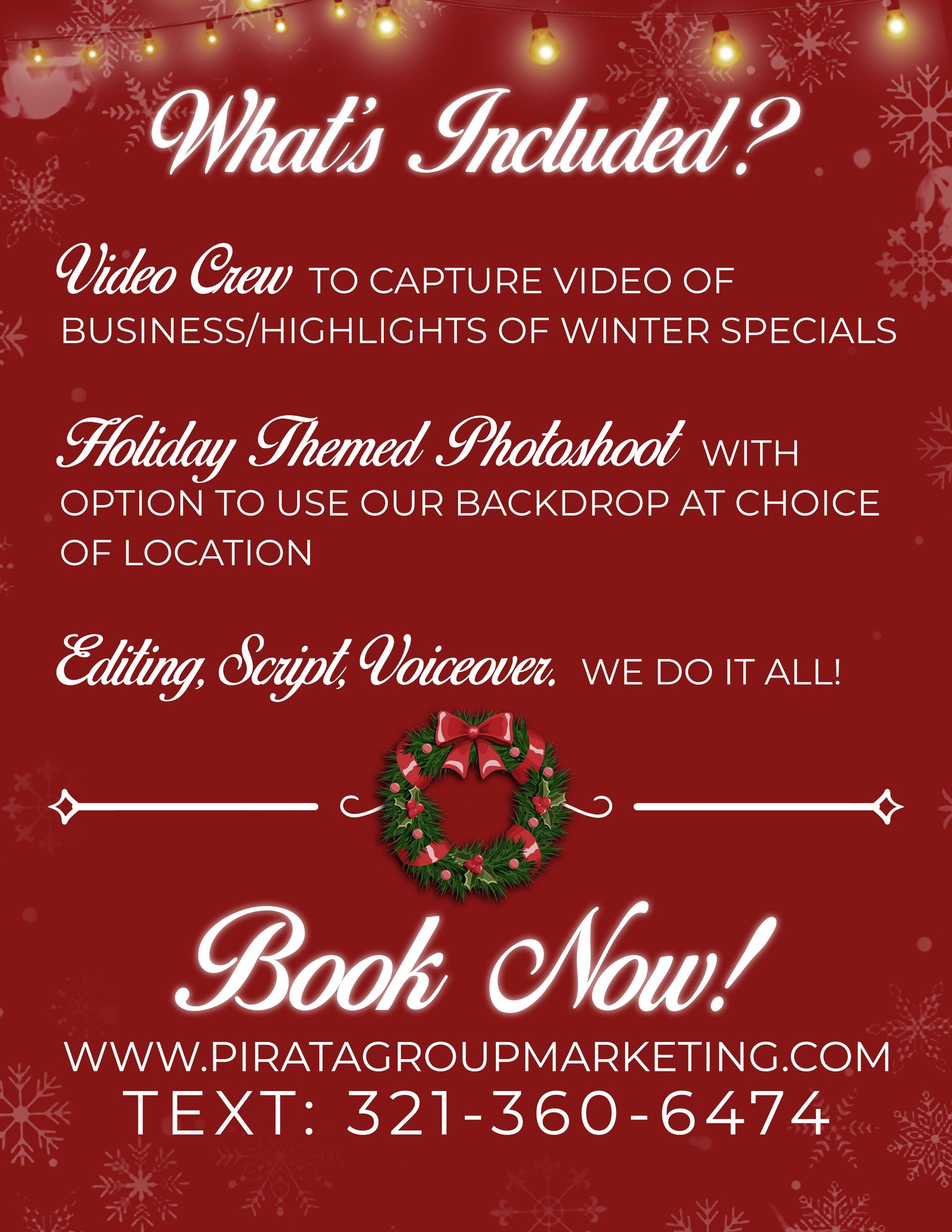 Red ad for holiday marketing services. Text includes 