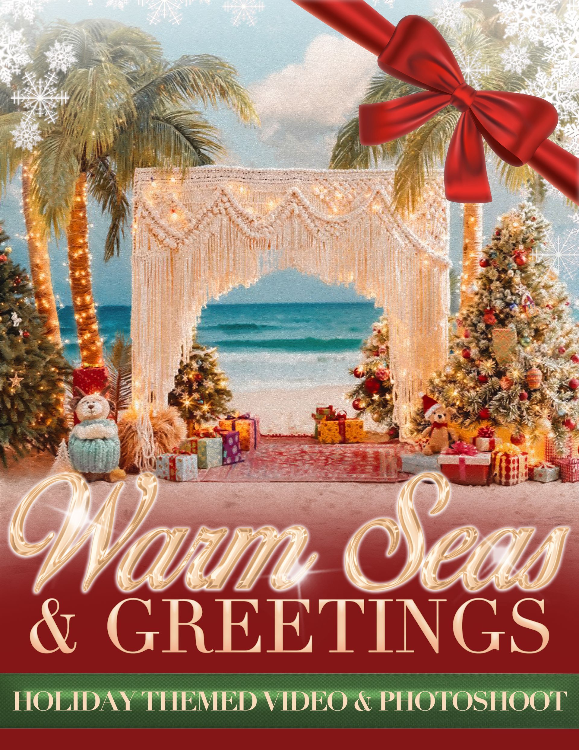 Tropical Christmas scene with palm trees, beach, Christmas trees, gifts, and 