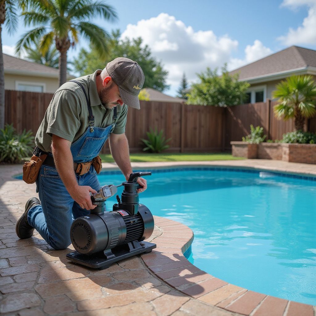 Man kneeling by a pool, working on a pump; outdoors, sunny day.