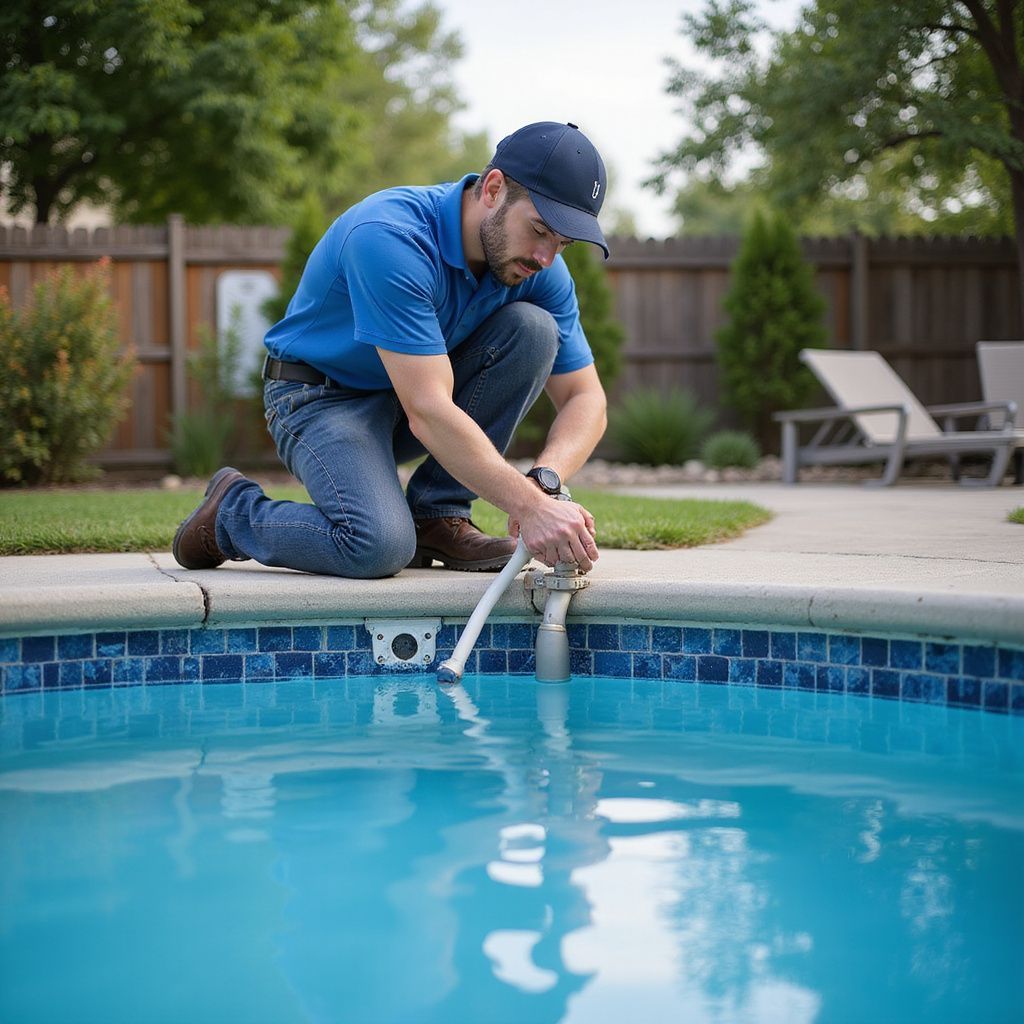 Man in blue shirt and cap testing pool water at a residential pool.