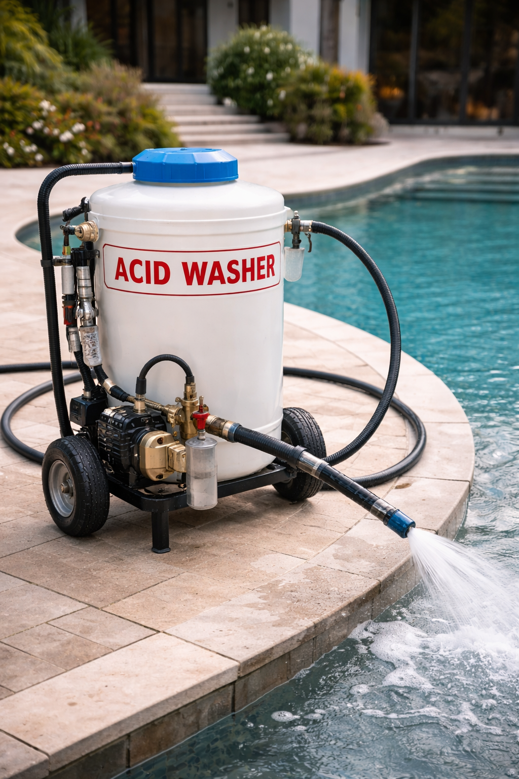 Acid washer spraying water into a pool. White tank with 