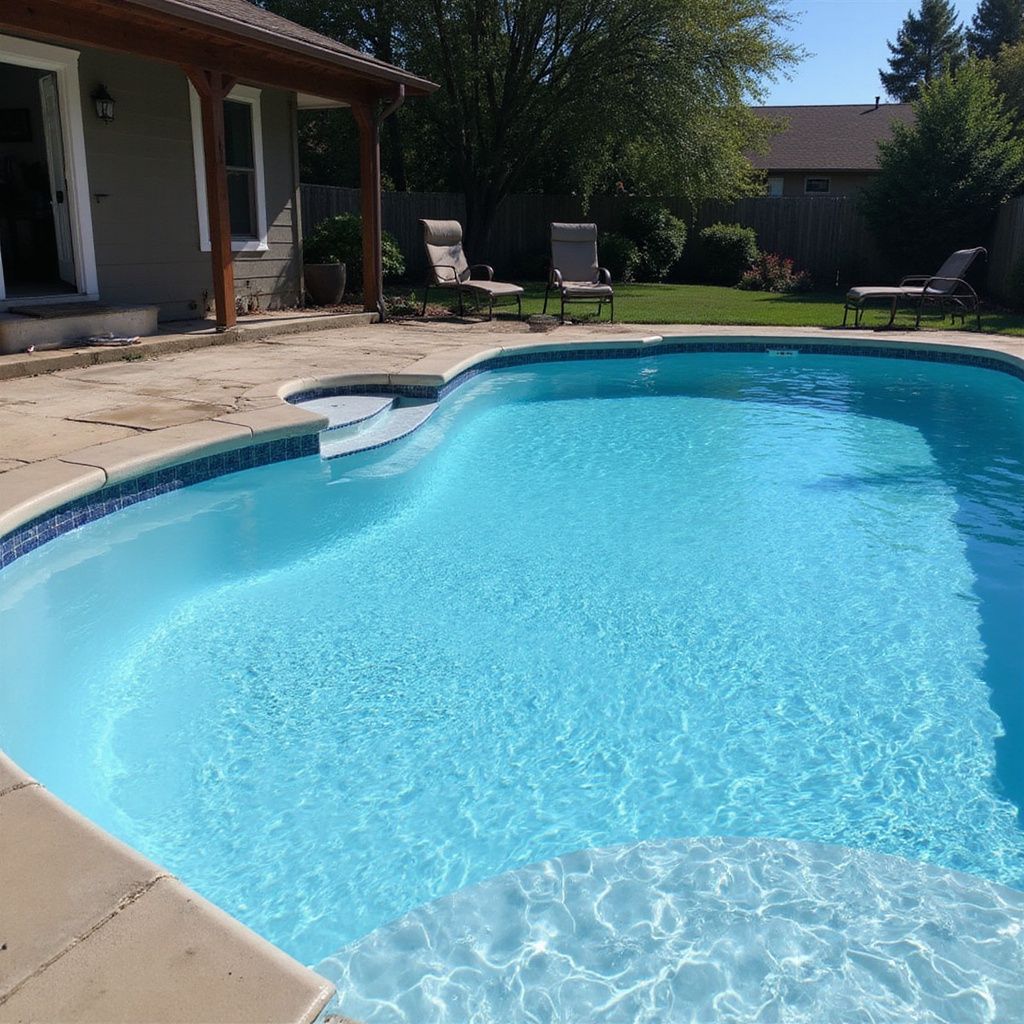 Backyard pool with clear blue water, steps, patio, and lounge chairs.