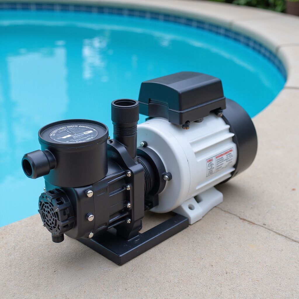 Pool pump sitting on a concrete ledge next to a blue swimming pool.