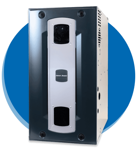 Air conditioning unit, outside, light gray with blue accent.