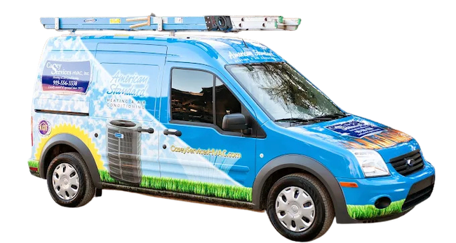 Blue and white service van with company logo and equipment on roof.