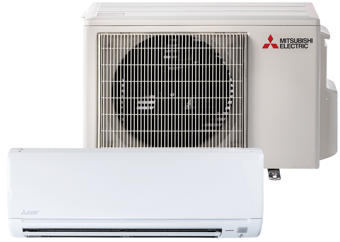 Mitsubishi ductless mini-split AC system; outdoor compressor unit above an indoor wall unit, both white.