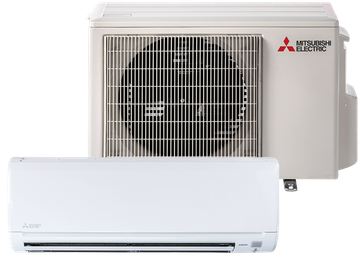 Mitsubishi ductless mini-split AC system; outdoor compressor unit above an indoor wall unit, both white.