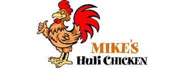 Logo for Mike's Huli Chicken, a cartoon rooster giving a thumbs up. Text is brown and black.