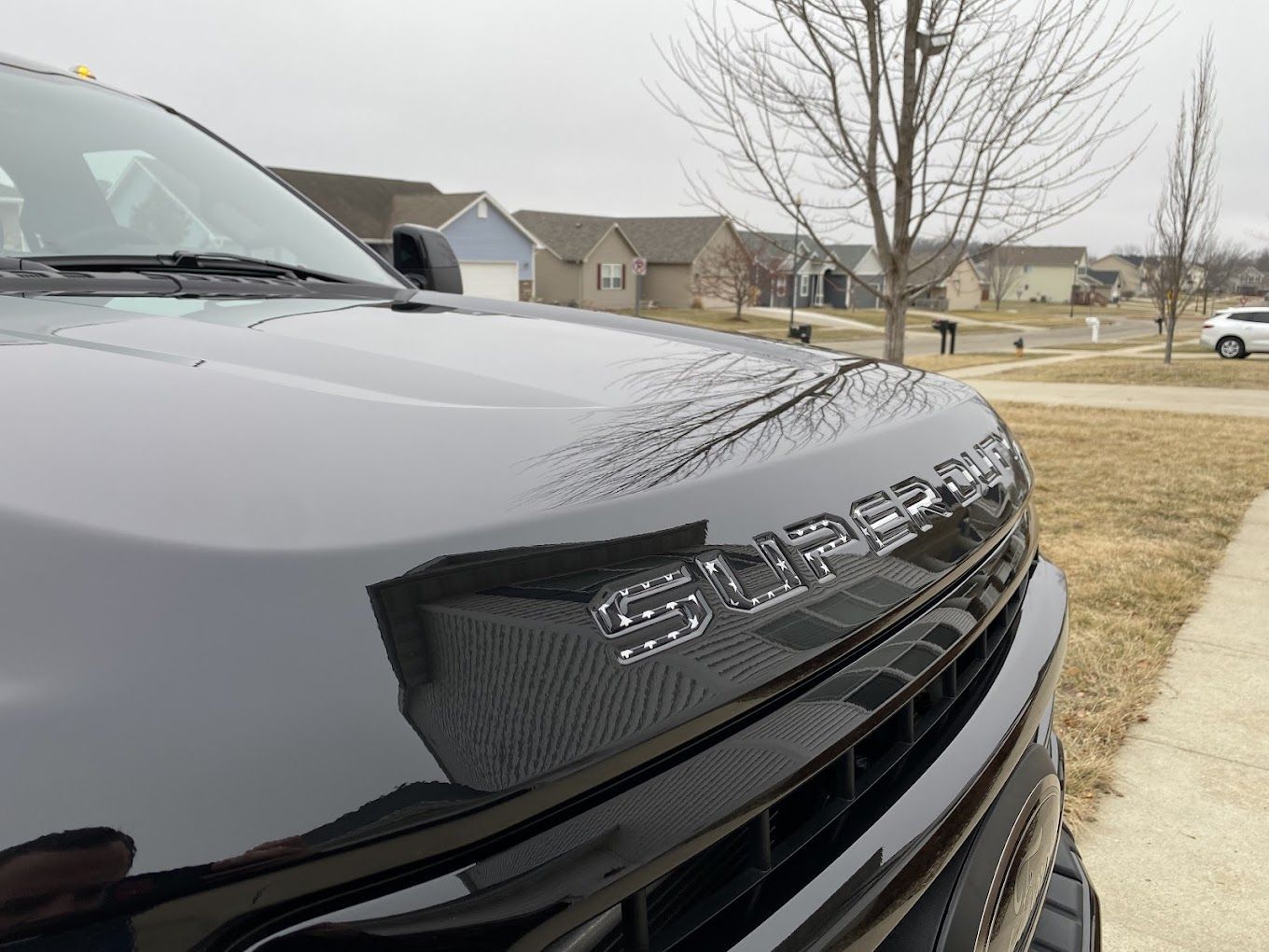 A black truck is parked on the side of the road in a residential area.