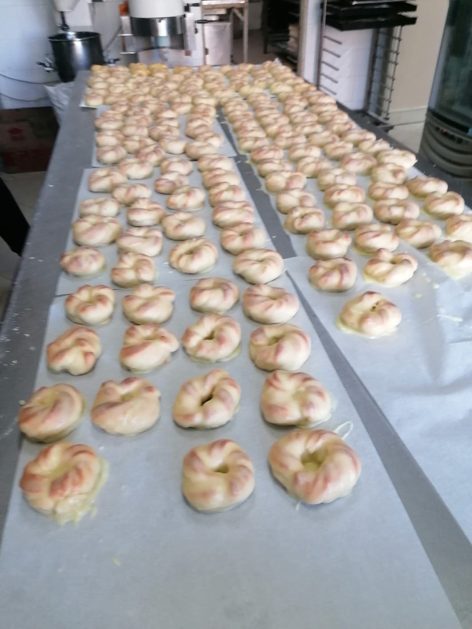 File di pasta sfoglia annodata su una lunga superficie argentata, probabilmente in una panetteria.