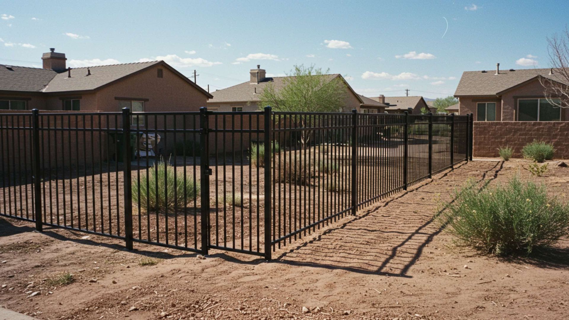Black metal fence surrounds a brown dirt yard in a residential area. Beige houses are visible in the background.