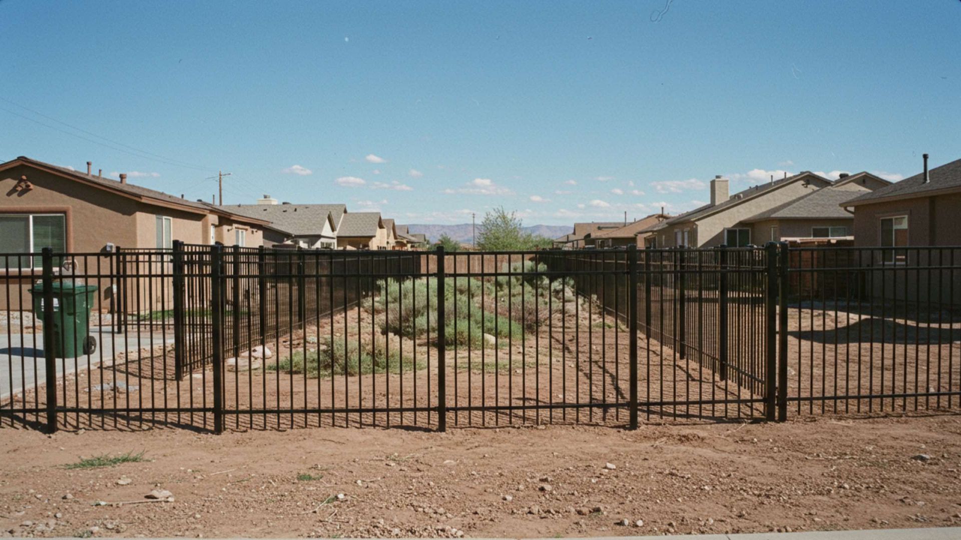 Black metal fence surrounds a dry, barren area between suburban houses under a blue sky.