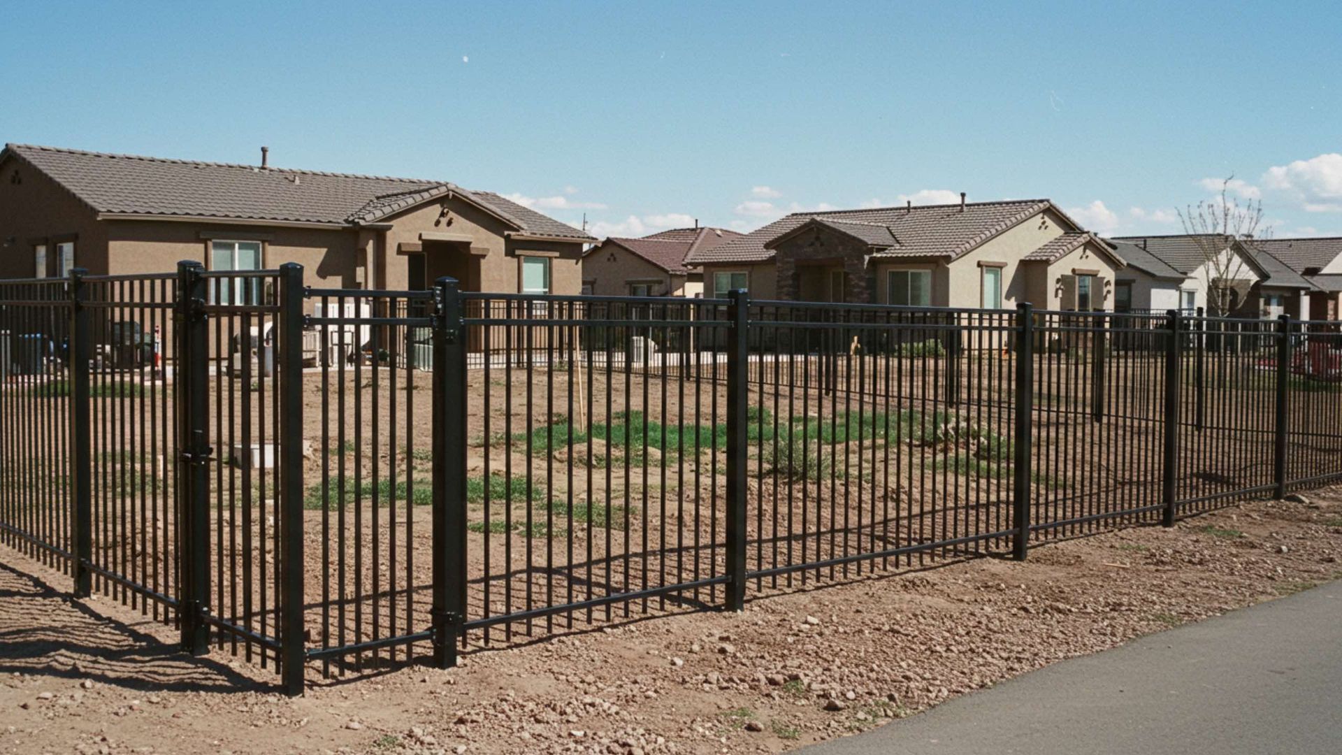 Black metal fence in front of beige houses on a sunny day.