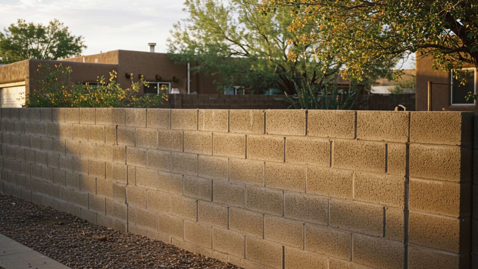 Brick wall in sunlight, with buildings and trees in the background.