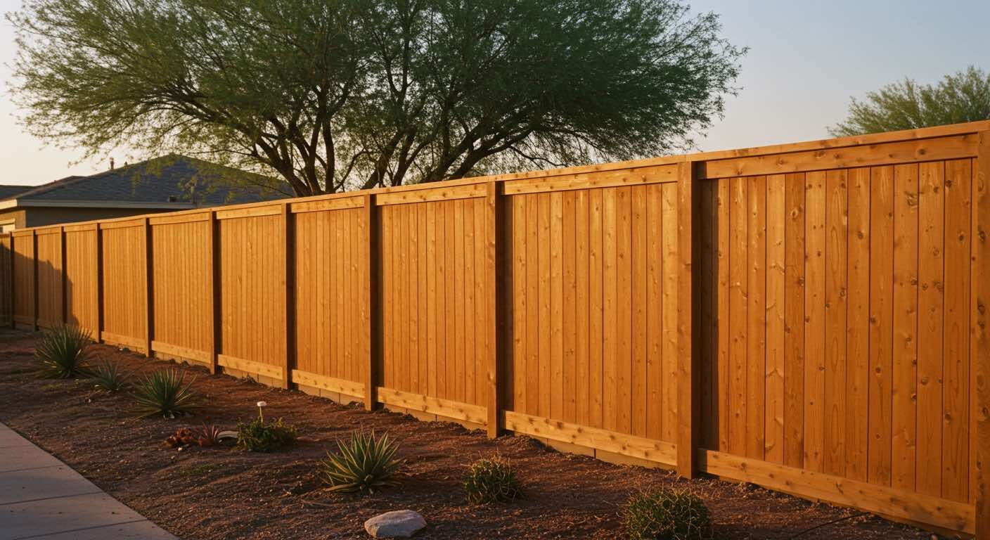 Wooden fence in a sunny outdoor setting with small plants and a tree in the background.