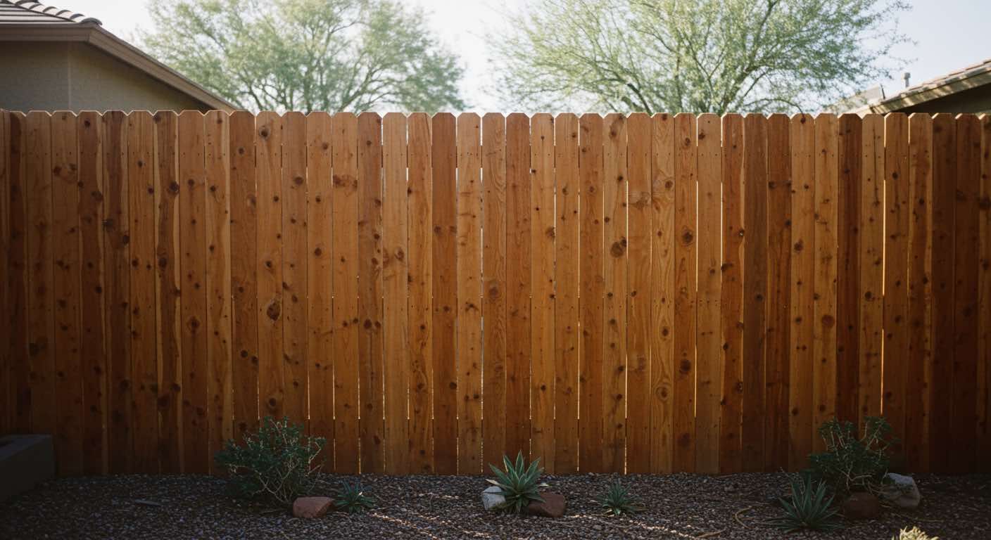 A wooden fence with a house in the background and trees in the background.
