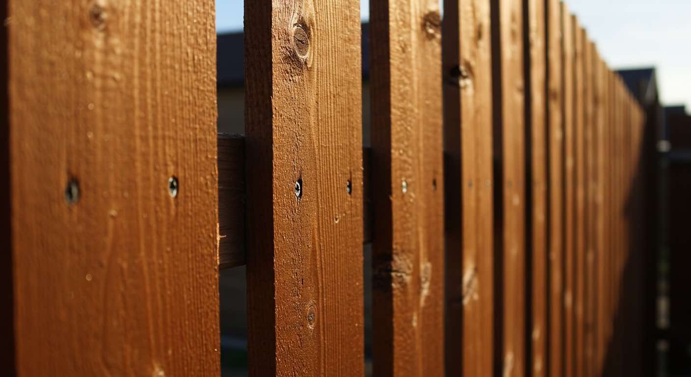 A close up of a wooden fence with a house in the background.