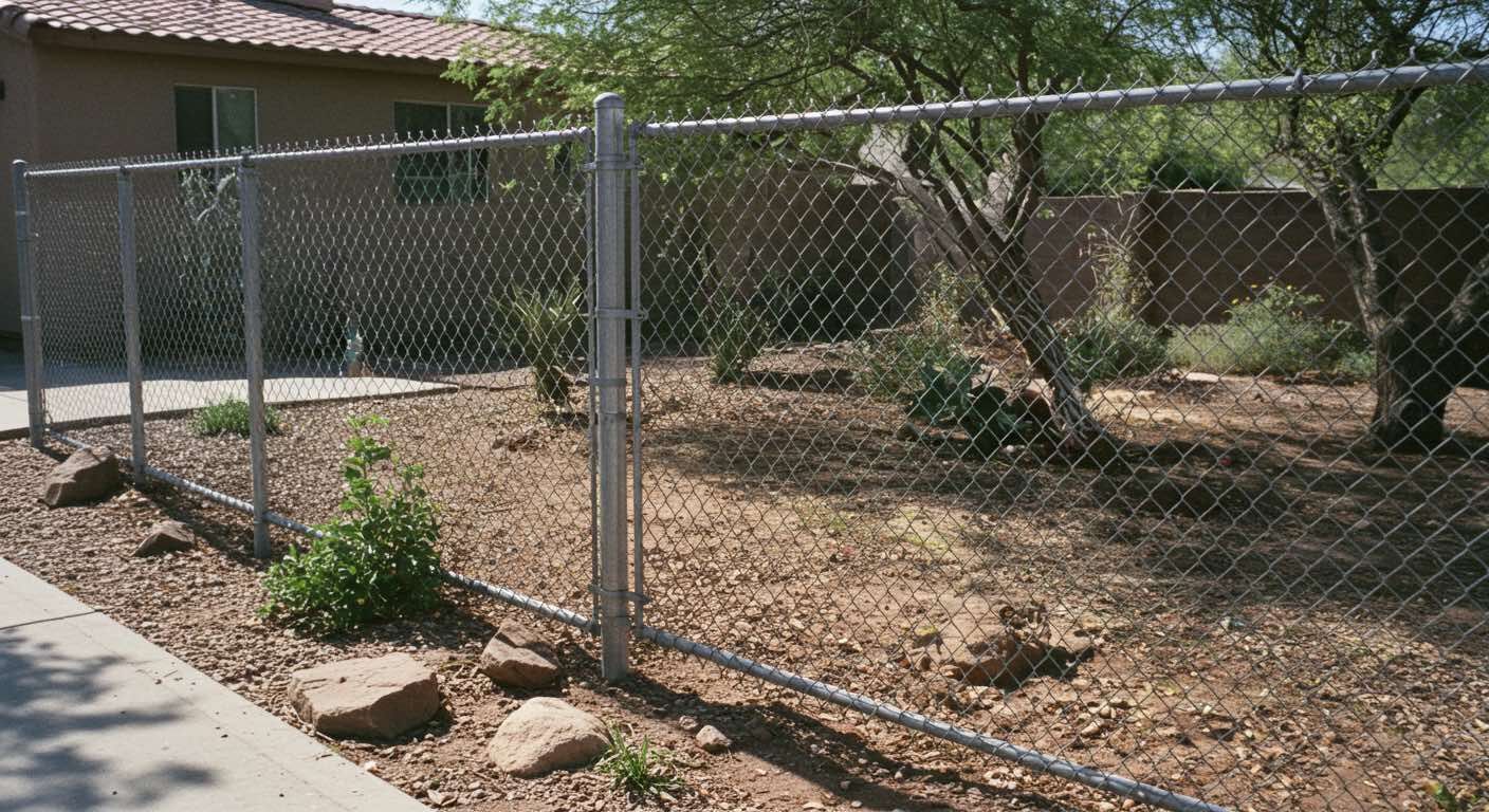 A chain link fence surrounds a dirt yard in front of a house.