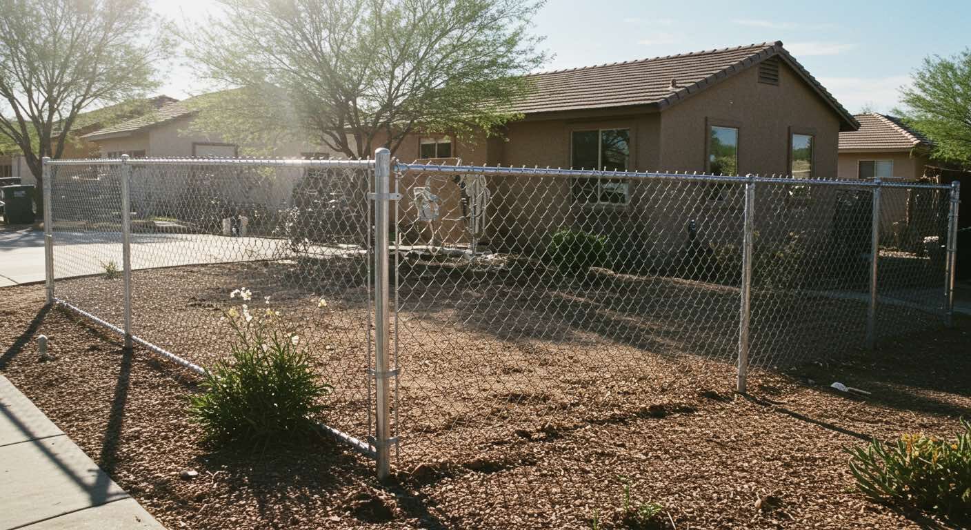 A chain link fence surrounds a yard in front of a house