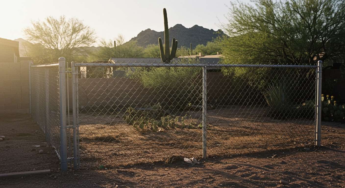 A chain link fence with a cactus in the background