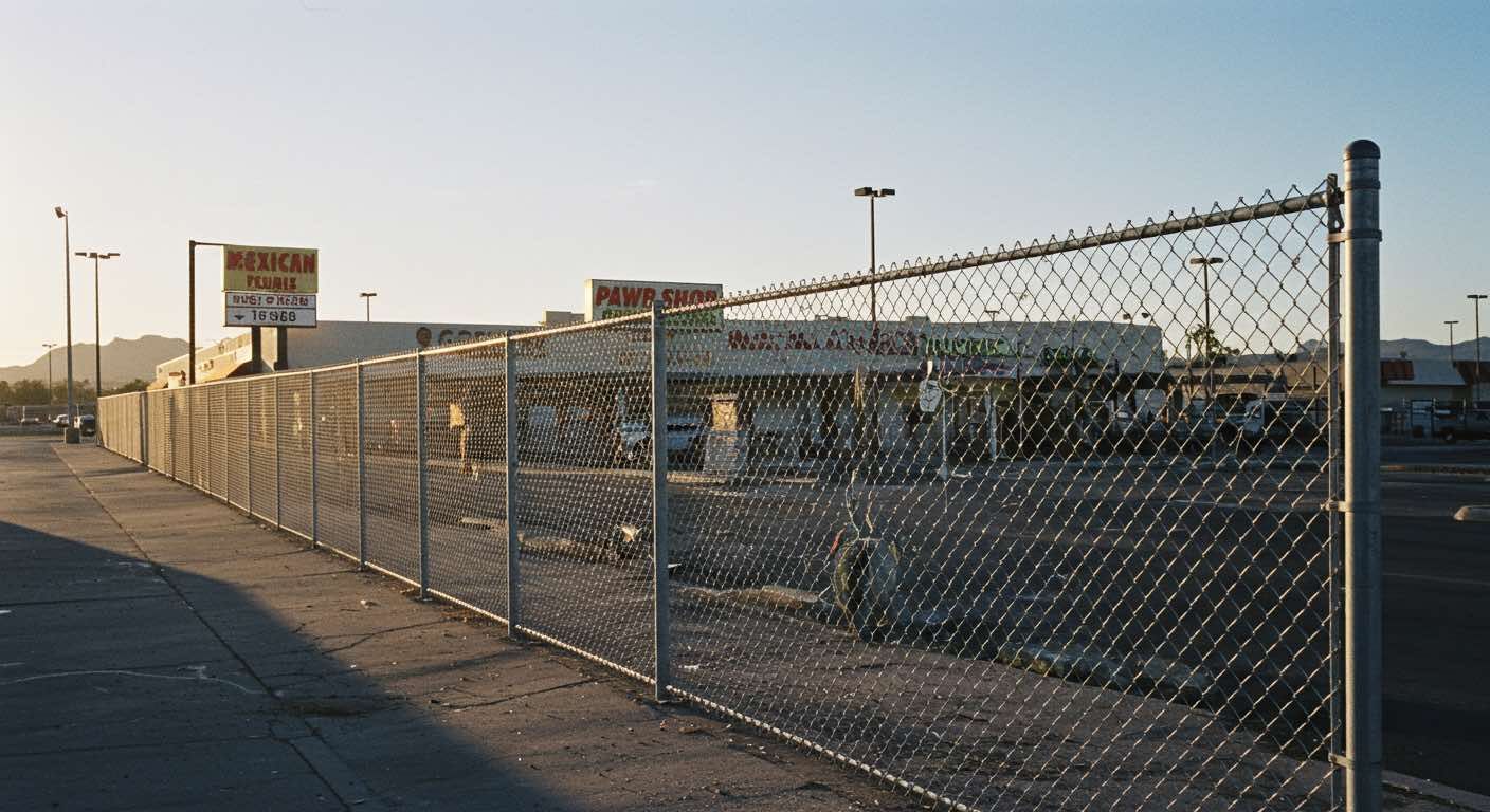 A chain link fence surrounds an empty parking lot