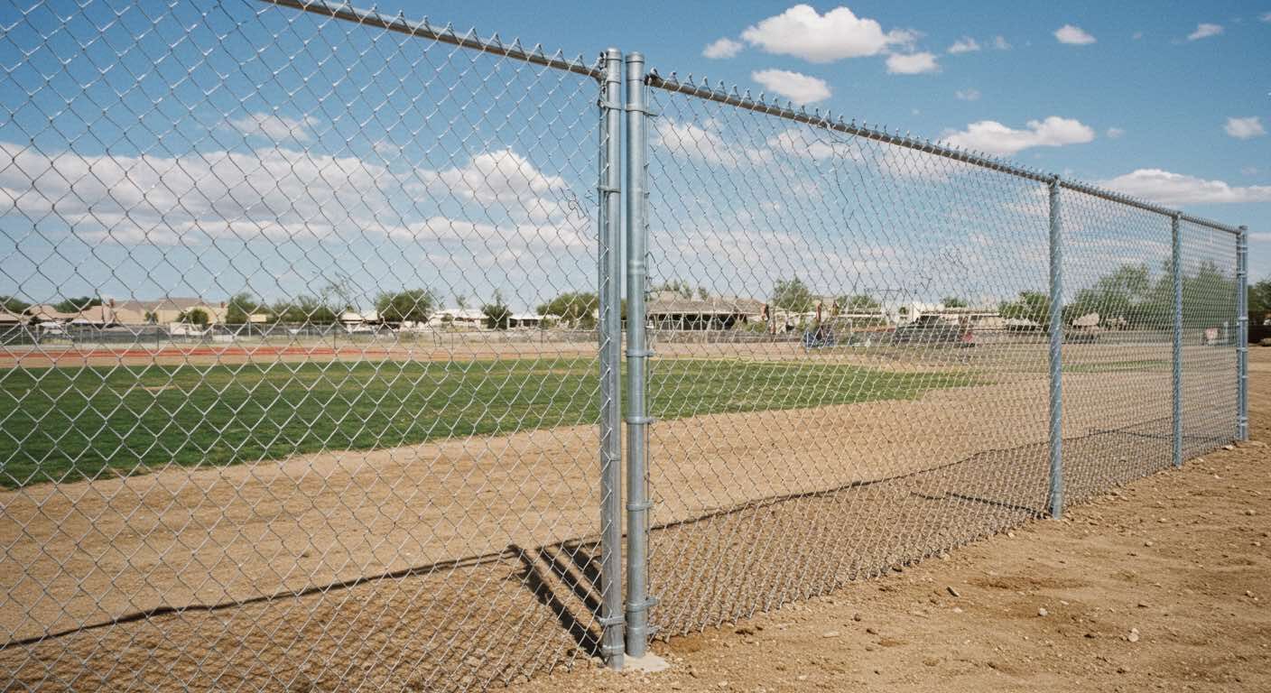 A chain link fence surrounds a dirt field with a baseball field in the background.