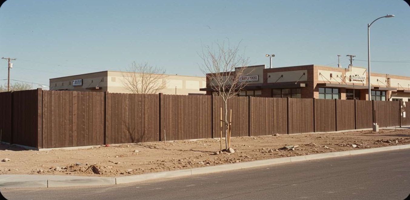 A wooden fence along the side of a road with a store in the background