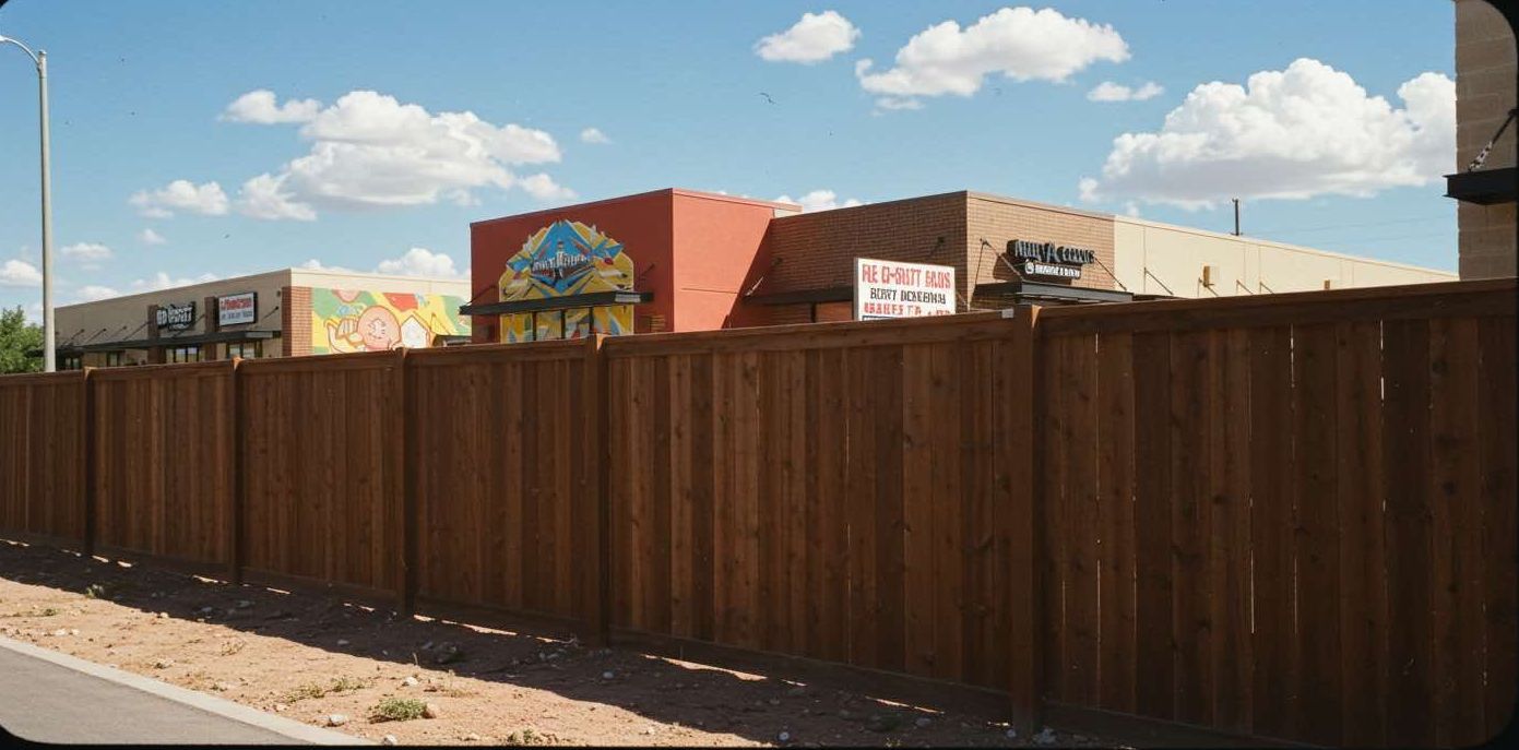 A wooden fence surrounds a row of buildings.
