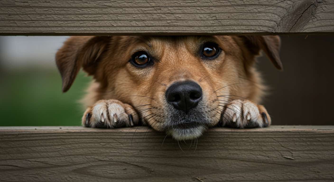 A brown dog is peeking over a wooden fence.