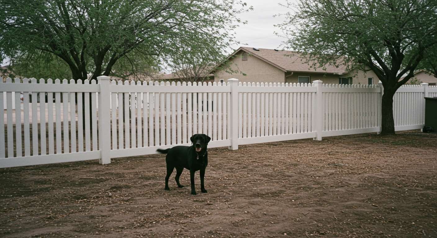 A black dog is standing in front of a white picket fence.