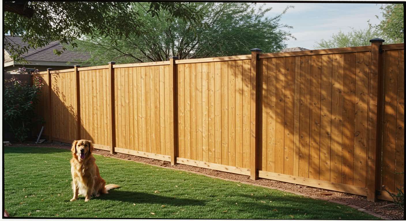 A dog is sitting in front of a wooden fence