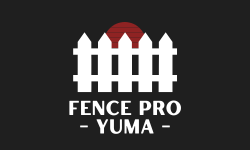 A logo for fence pro yuma with a white picket fence