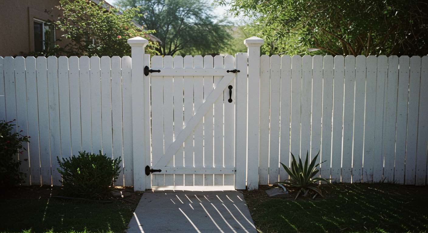 A white fence with a gate in the middle of it