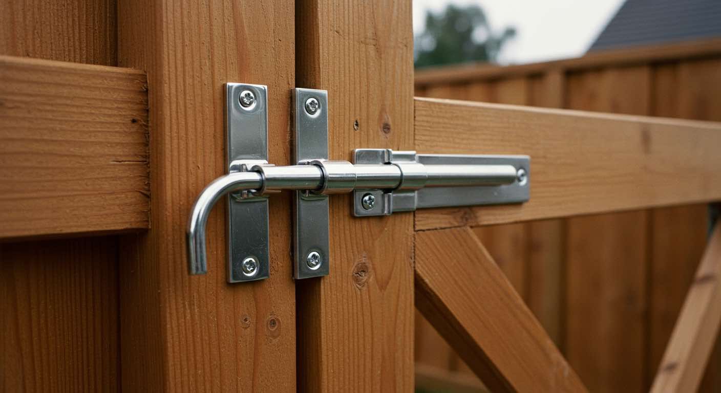 A close up of a wooden gate with a latch on it.
