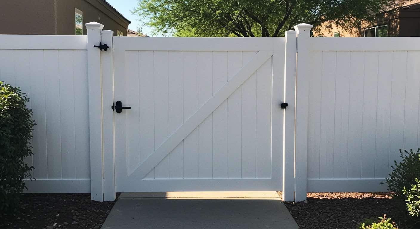 A white fence with a gate in the middle of it