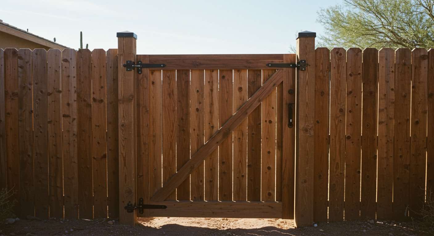 A wooden fence with a gate in the middle of it.