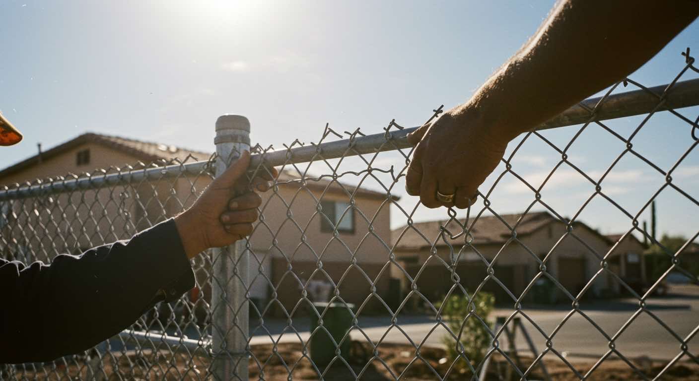 Two people are working on a chain link fence.