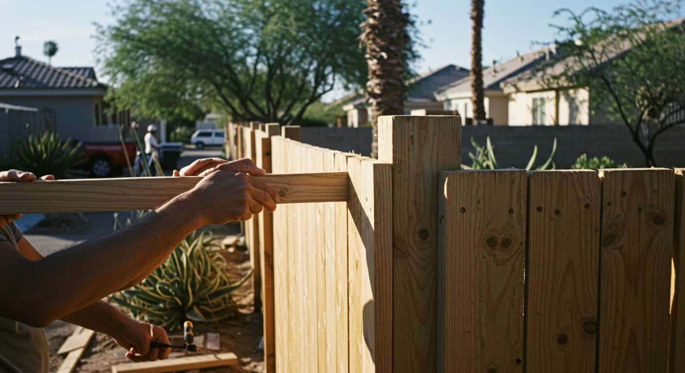 A man is measuring a wooden fence with a tape measure.
