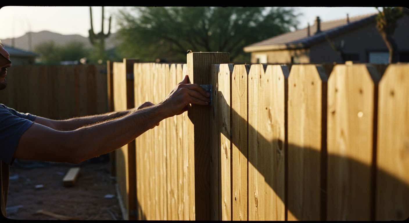 A man is painting a wooden fence with a brush.